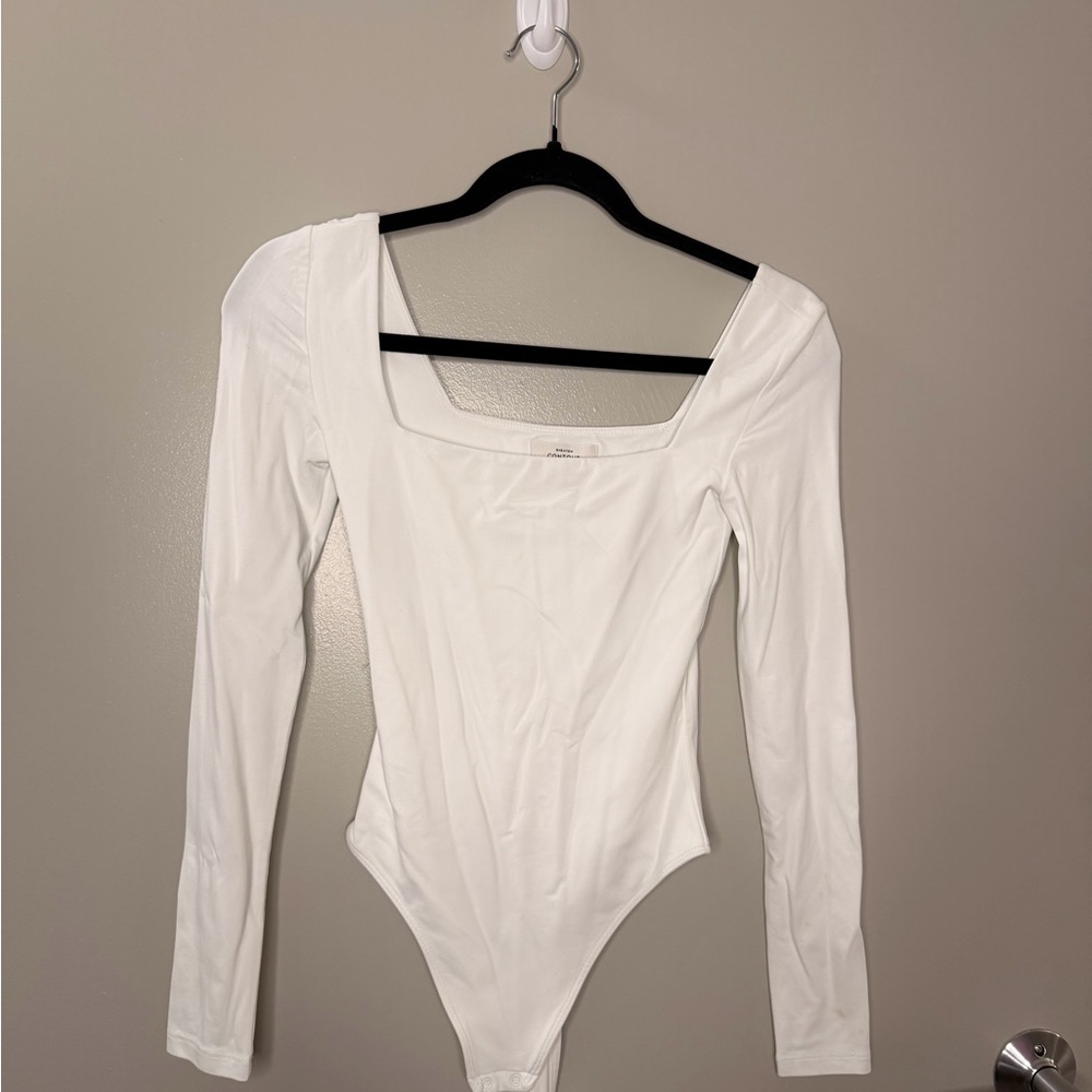 Babaton White Square Neck Long Sleeve Bodysuit